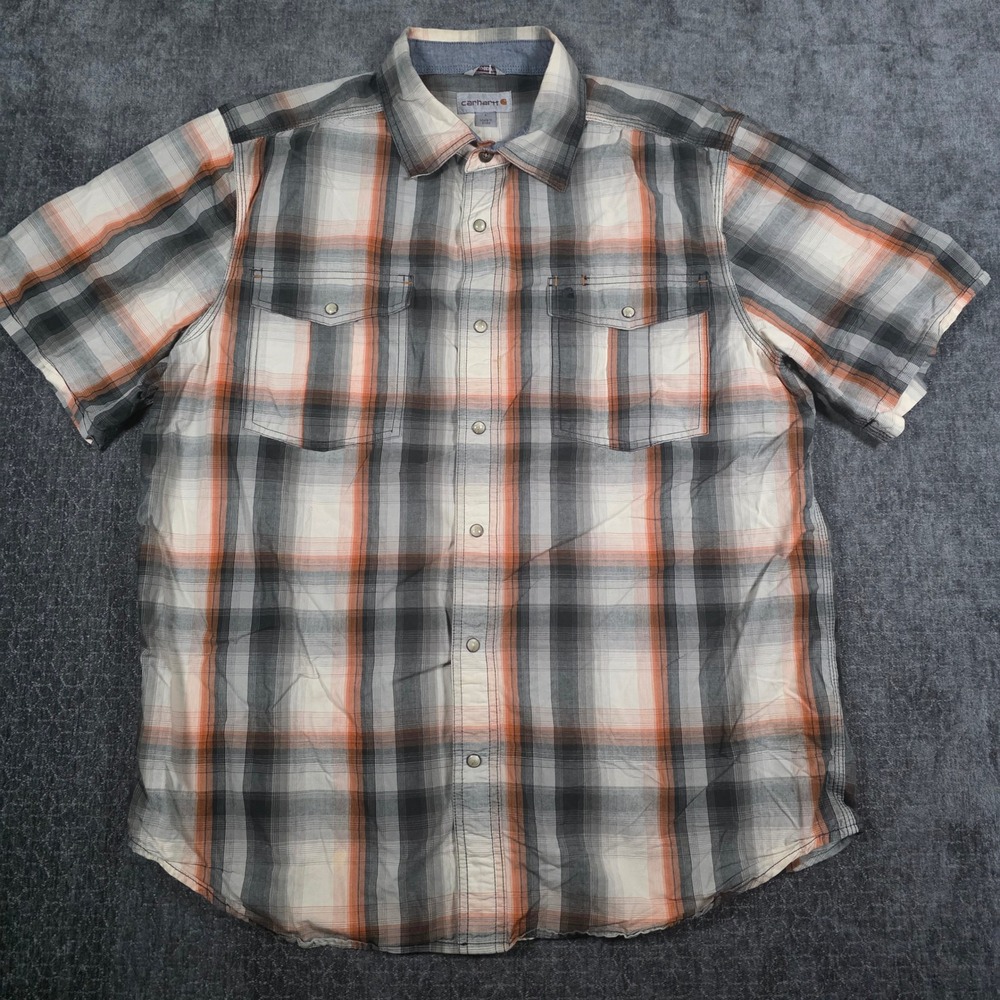 Carhartt Mens Large Relaxed Fit Plaid Short Sleeve Pearl Snap Shirt Orange Grey